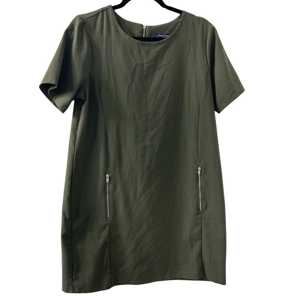 One Clothing Solid Shift Dress L‎ Olive Green Back Zip Pockets Military Mod Edgy